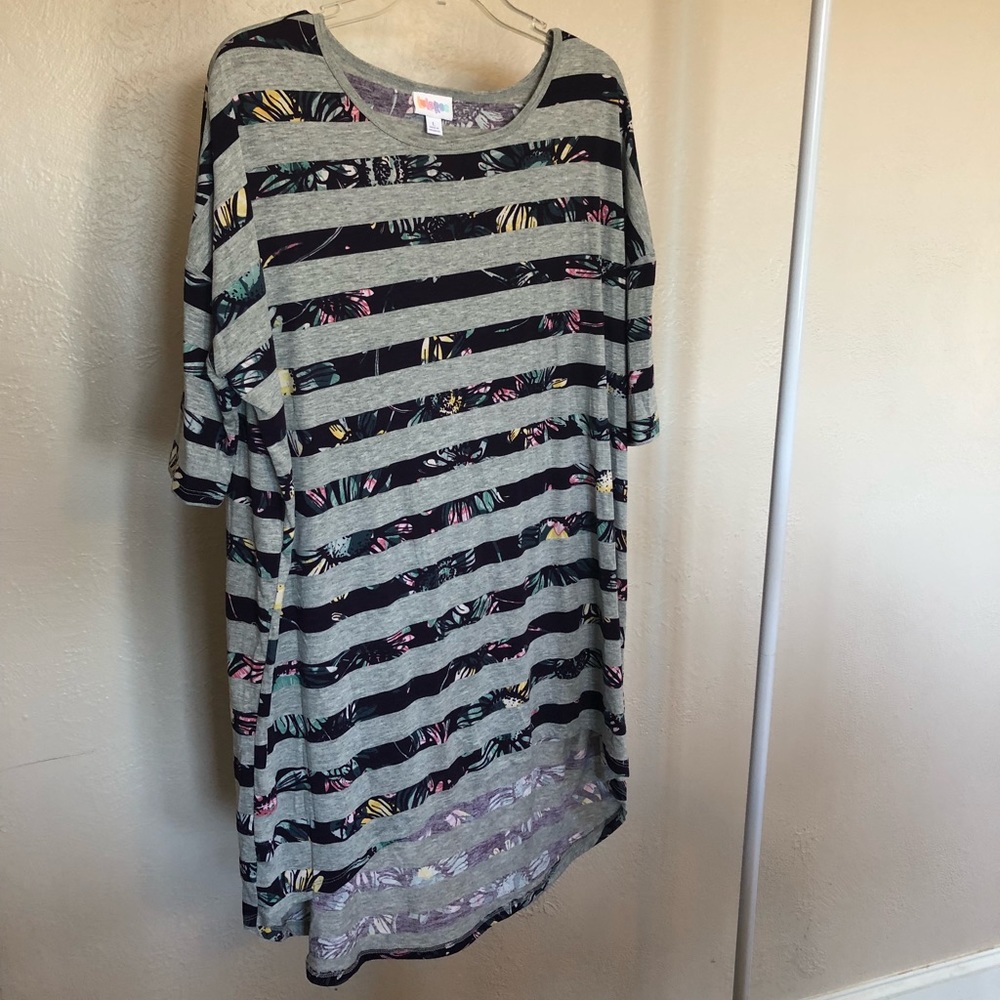 Lula Roe Grey & Purple Floral Striped Randy - Picture 2 of 4